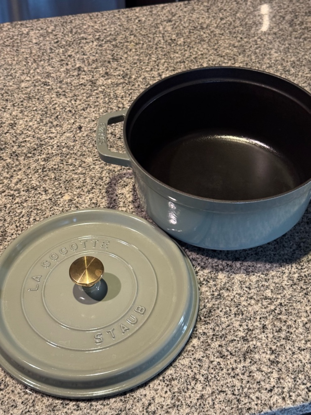 Staub 4qt Round Dutch Oven in Sage Green with Brass Knob